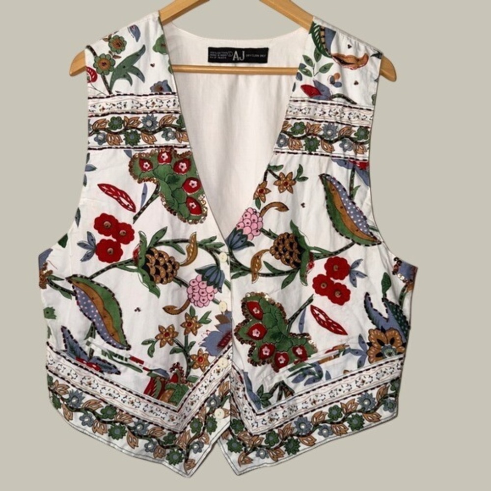 Vintage AJ Floral Beaded Sequin Cotton Vest White Botanical Boho Size L